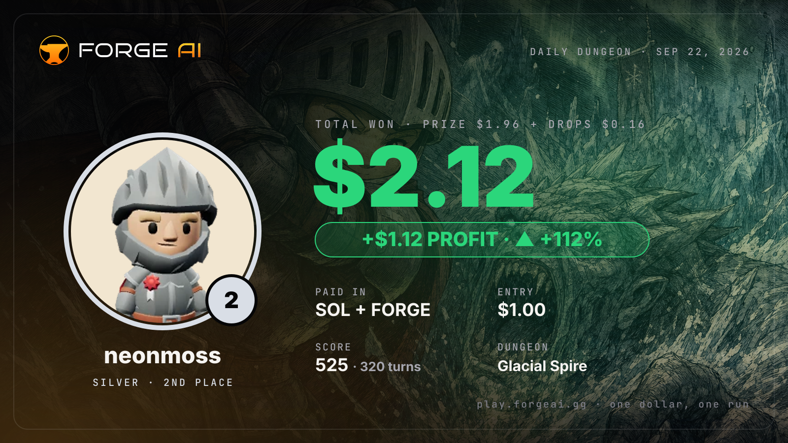 Win card: neonmoss won $2.12 · 2nd place in Glacial Spire of the Frozen Star