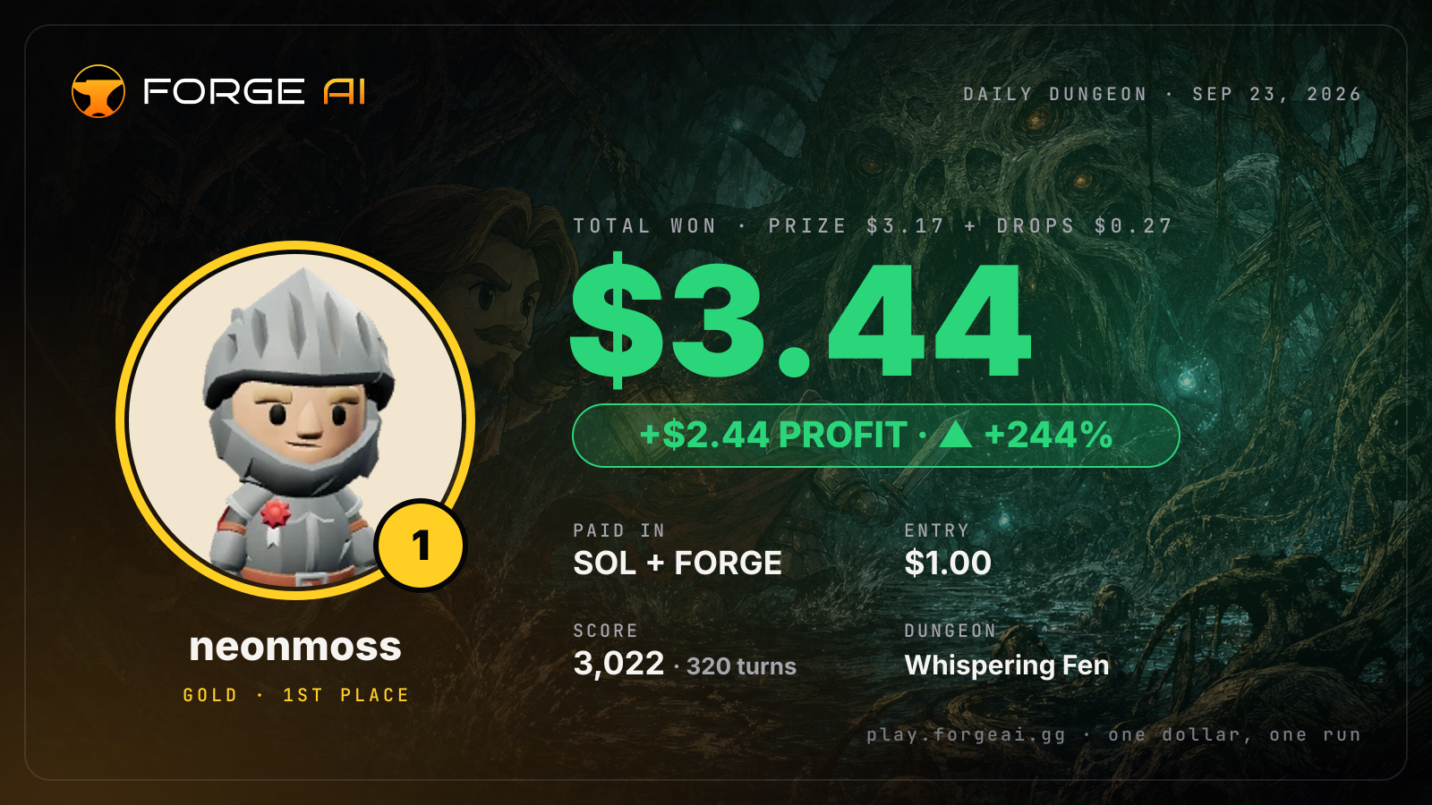Win card: neonmoss won $3.44 · 1st place in Whispering Fen of Stilt and Bone