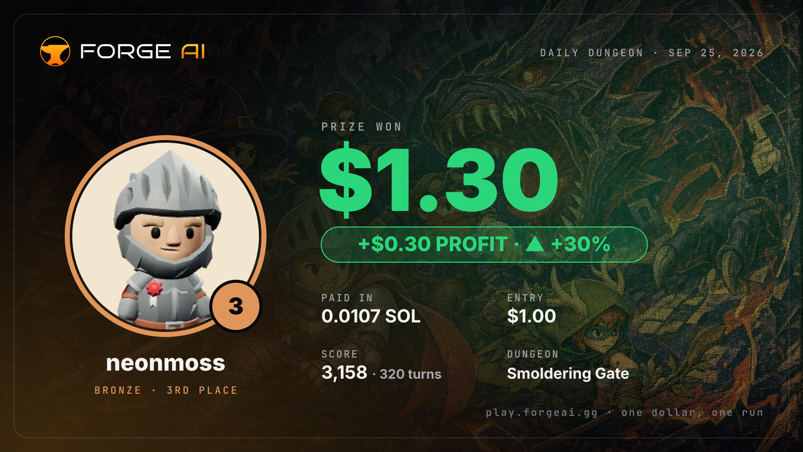 Win card: neonmoss won $1.30 · 3rd place in Smoldering Gate of the Drowned Ember