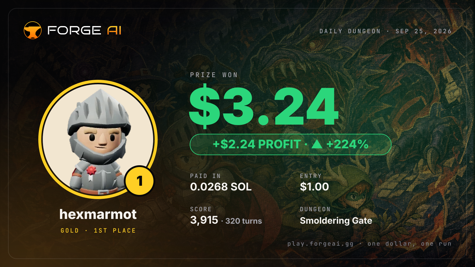 Win card: hexmarmot won $3.24 · 1st place in Smoldering Gate of the Drowned Ember