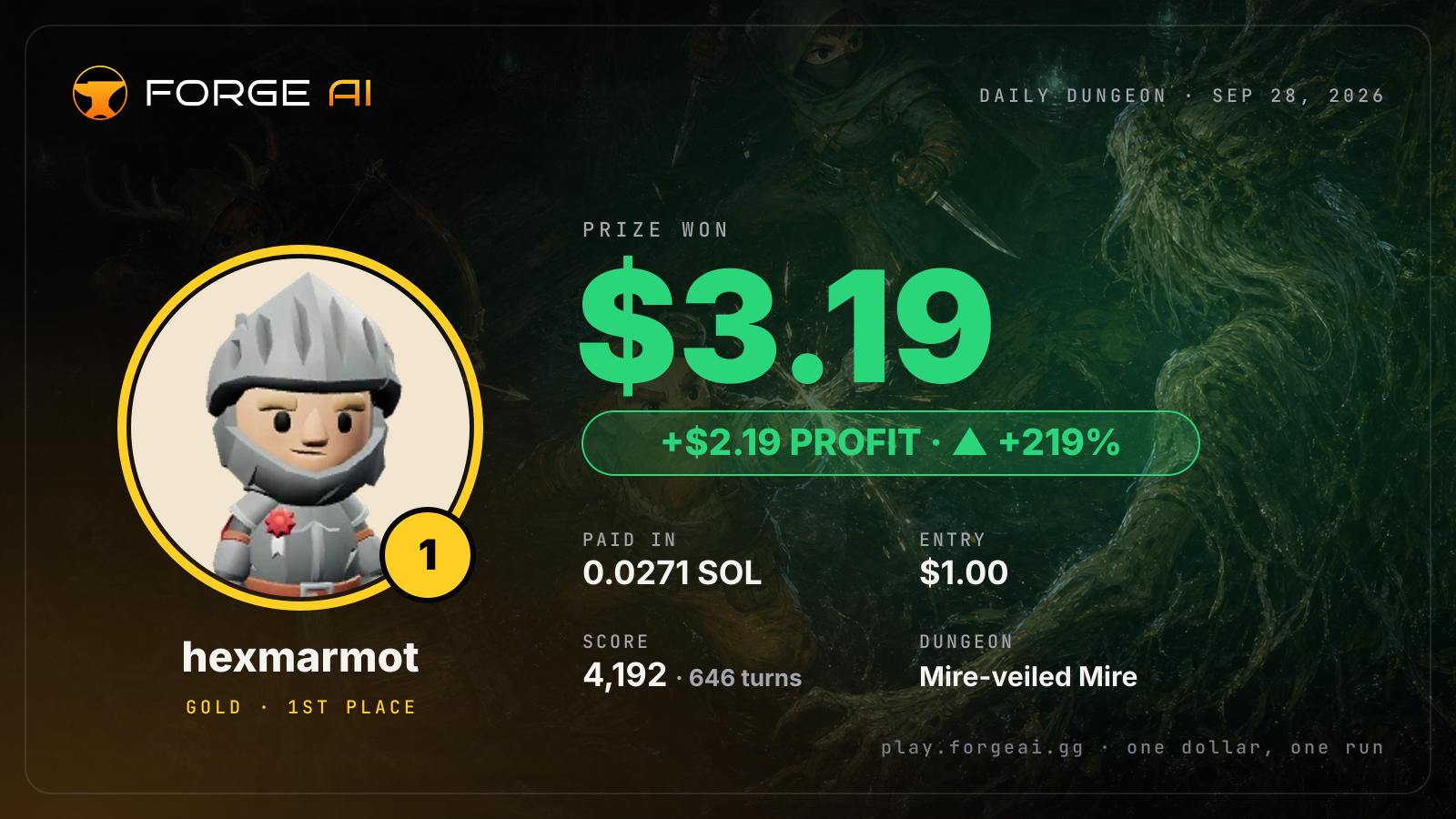 Win card: hexmarmot won $3.19 · 1st place in Mire-veiled Mire of Stilt and Bone
