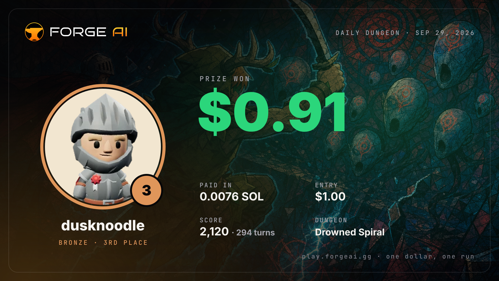 Win card: dusknoodle won $0.91 · 3rd place in Drowned Spiral of the Salt Forsaken