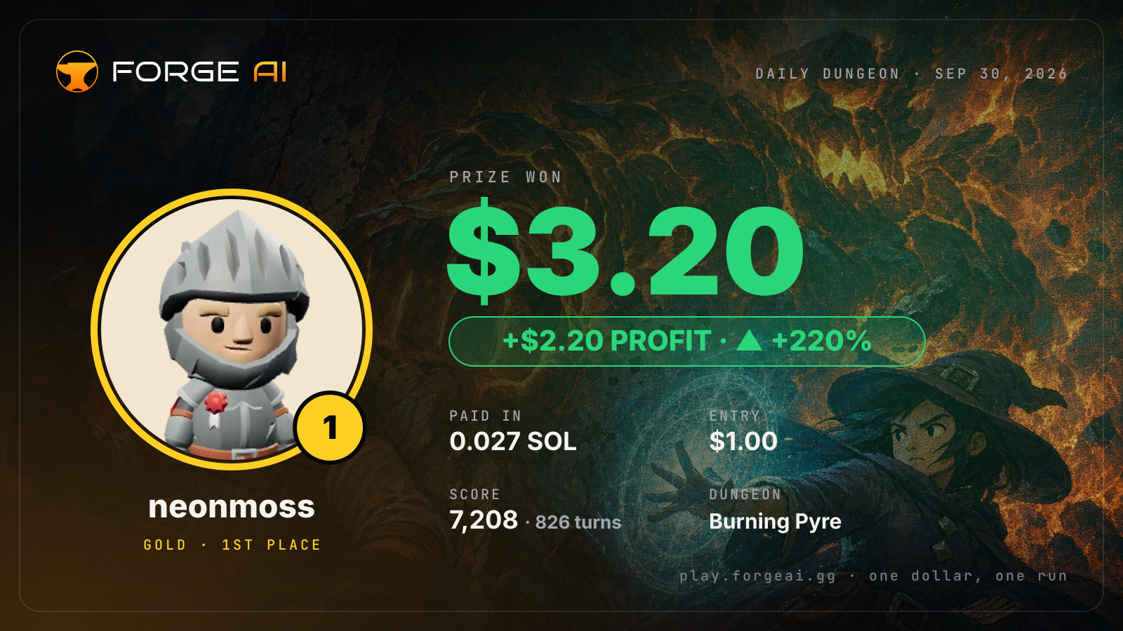 Win card: neonmoss won $3.20 · 1st place in Burning Pyre of Vorath's Ash