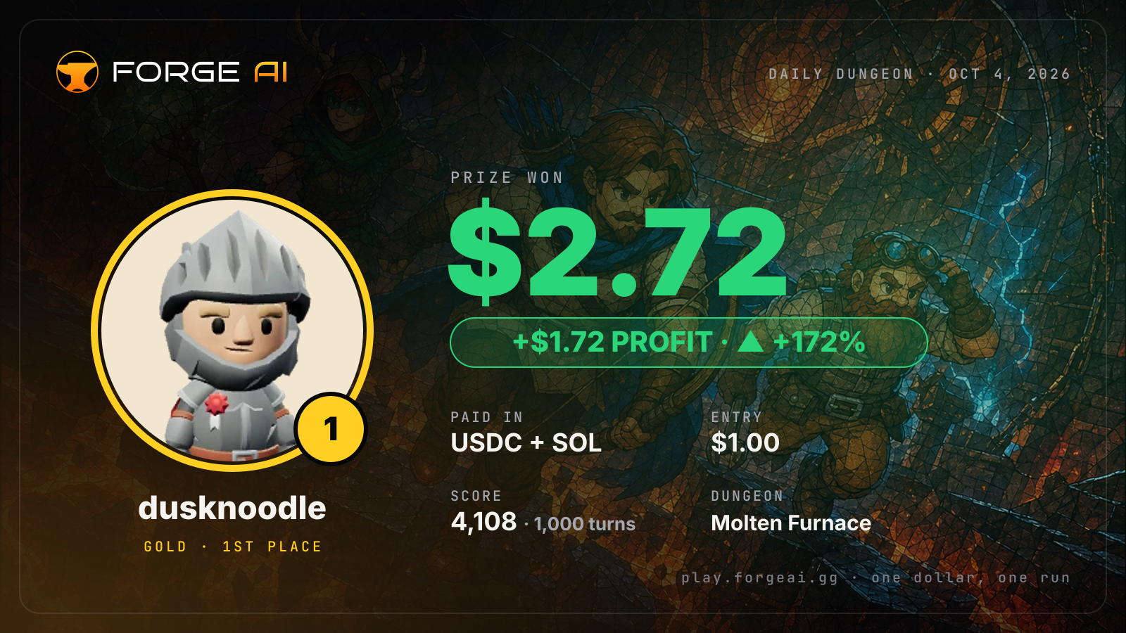 Win card: dusknoodle won $2.72 · 1st place in Molten Furnace of the First Flame