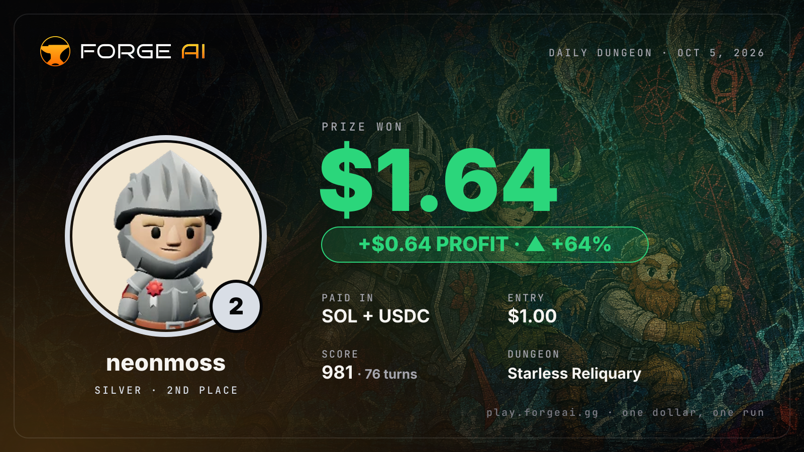 Win card: neonmoss won $1.64 · 2nd place in Starless Reliquary of the Drowned Crown