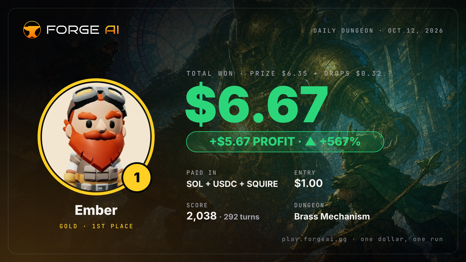 Win card: Ember won $6.67 · 1st place in Brass Mechanism of the Clockfather