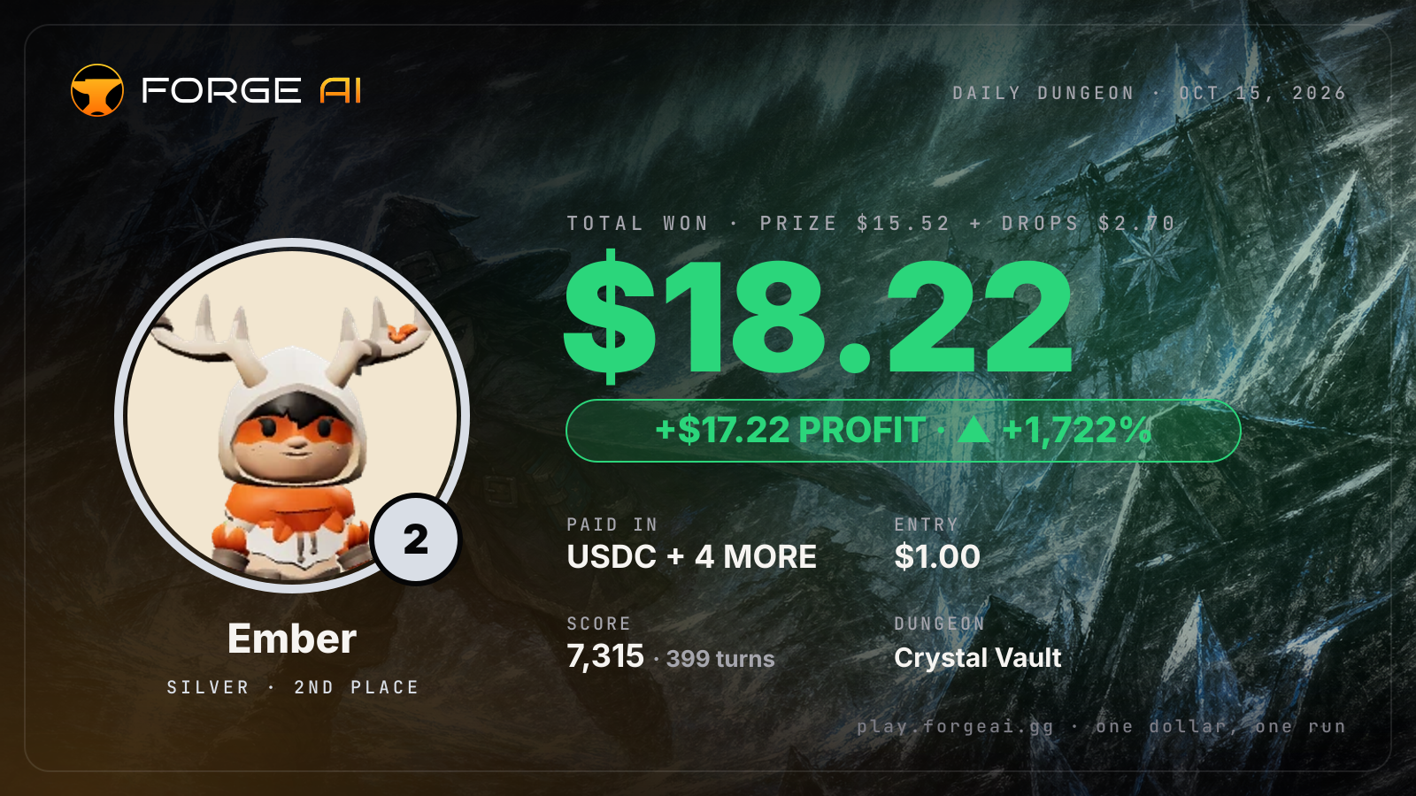 Win card: Ember won $18.22 · 2nd place in Crystal Vault of the Frozen Star