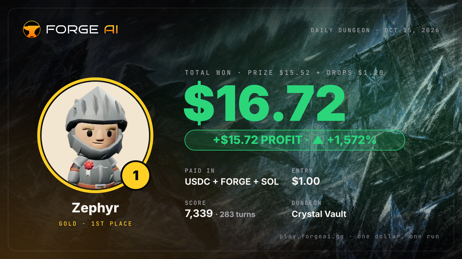 Win card: Zephyr won $16.72 · 1st place in Crystal Vault of the Frozen Star