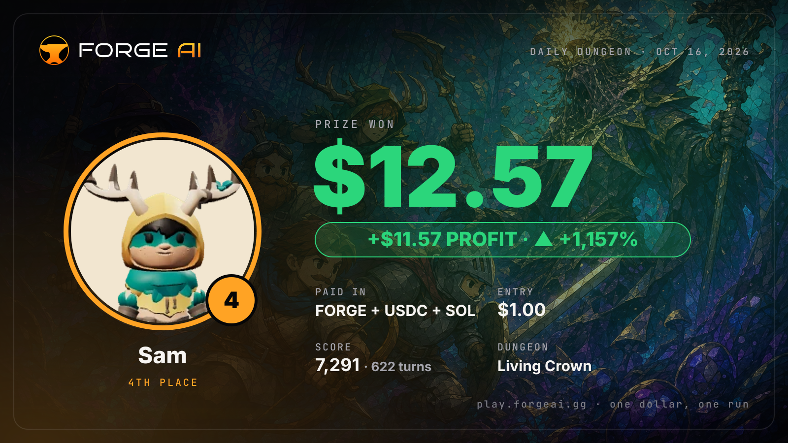 Win card: Sam won $12.57 · 4th place in Living Crown of the Lichen King