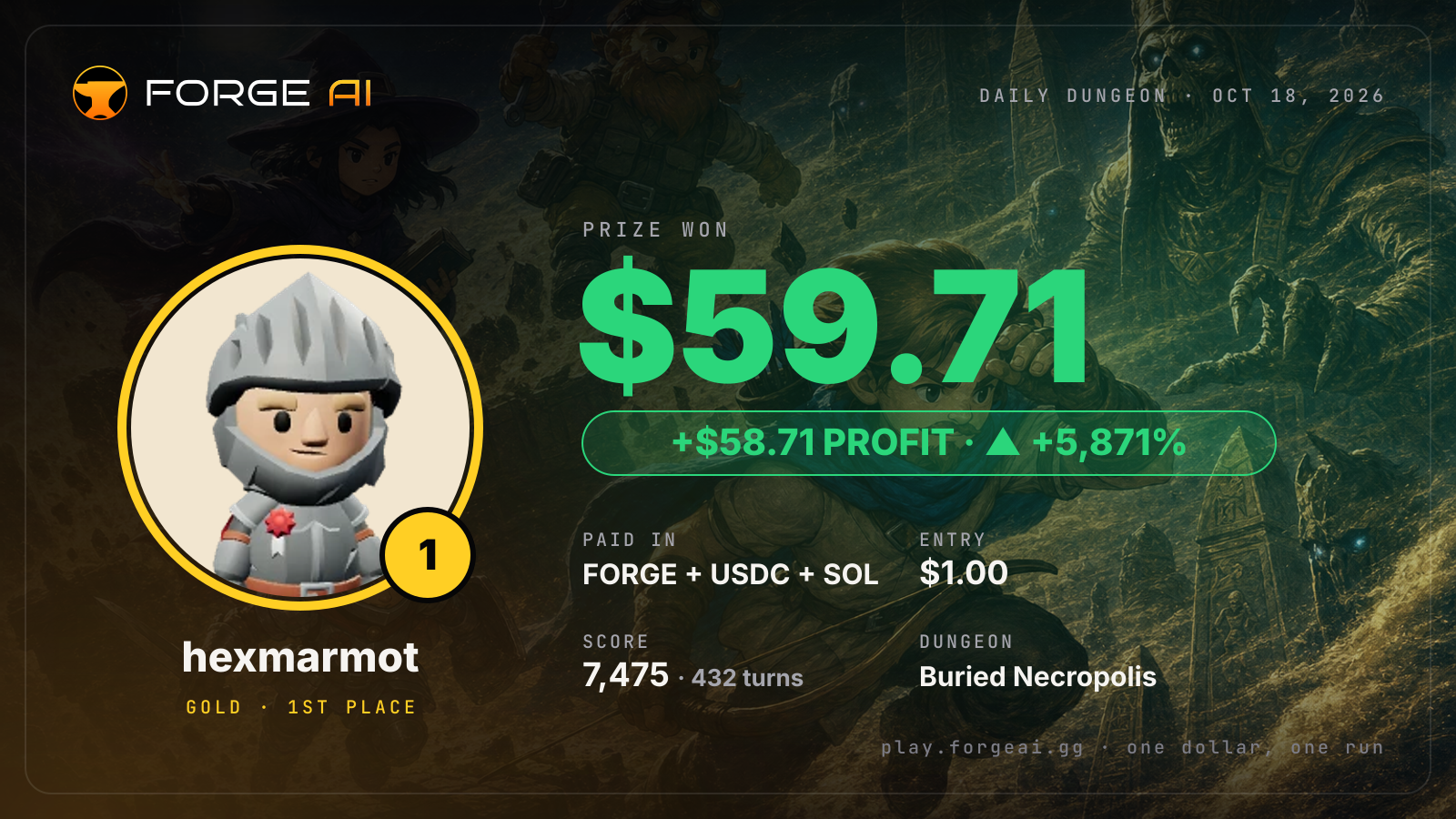 Win card: hexmarmot won $59.71 · 1st place in Buried Necropolis of the Salt Sea Drowned