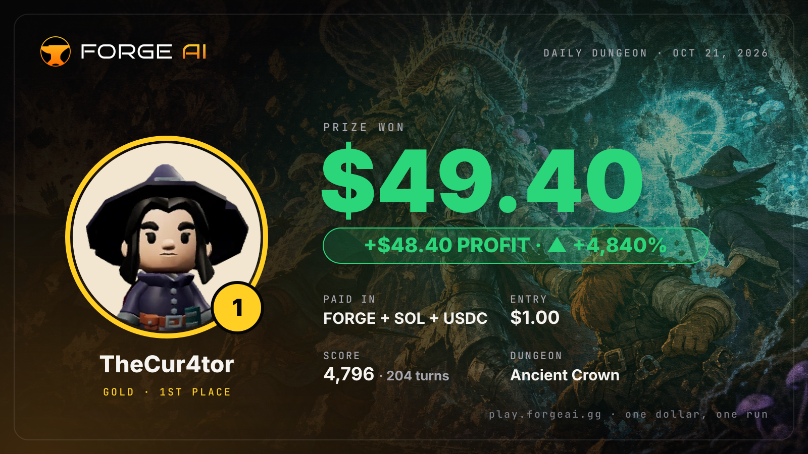 Win card: TheCur4tor won $49.40 · 1st place in Ancient Crown of the Glowing Choir