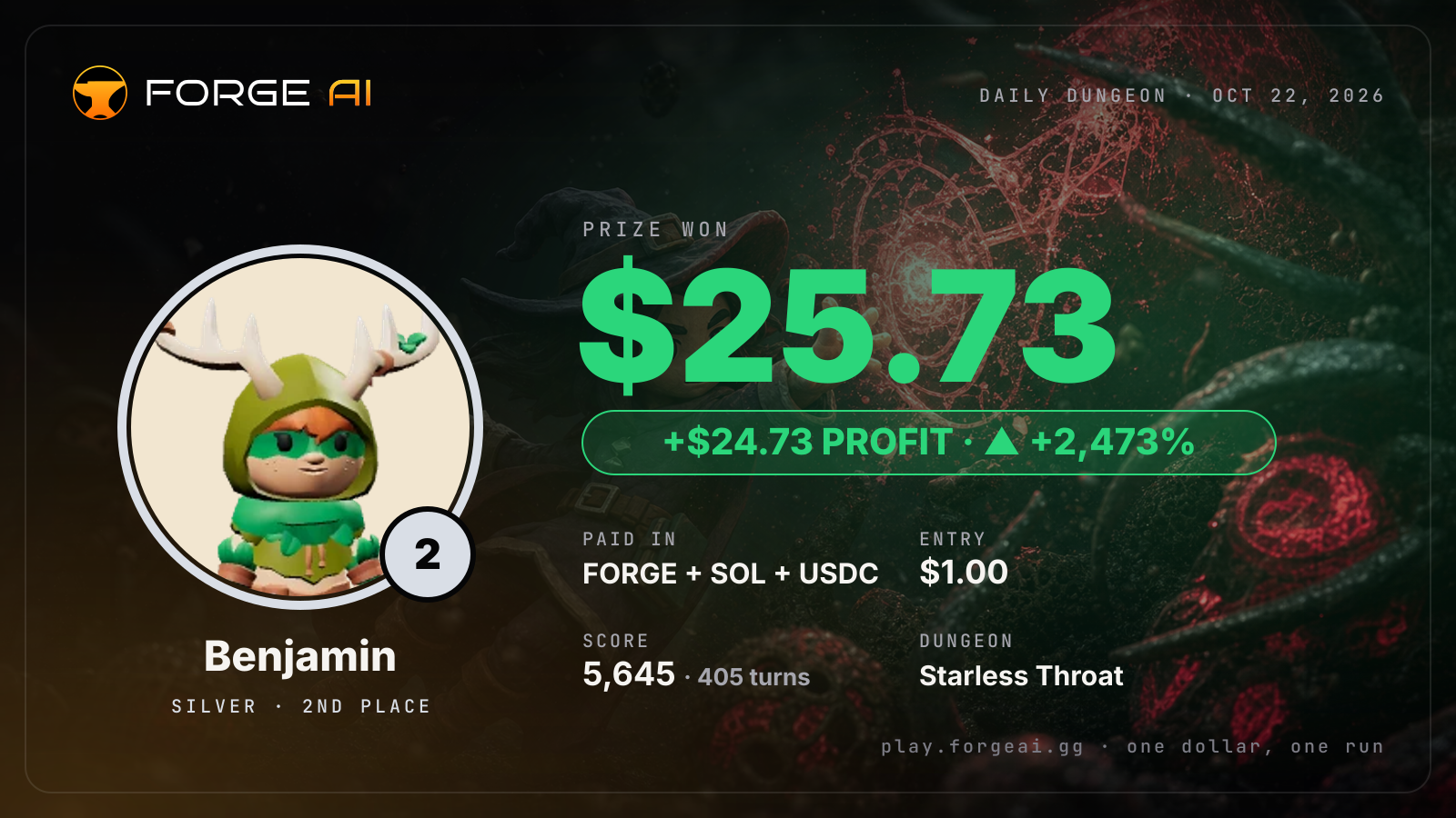 Win card: Benjamin won $25.73 · 2nd place in Starless Throat of the Black Choir