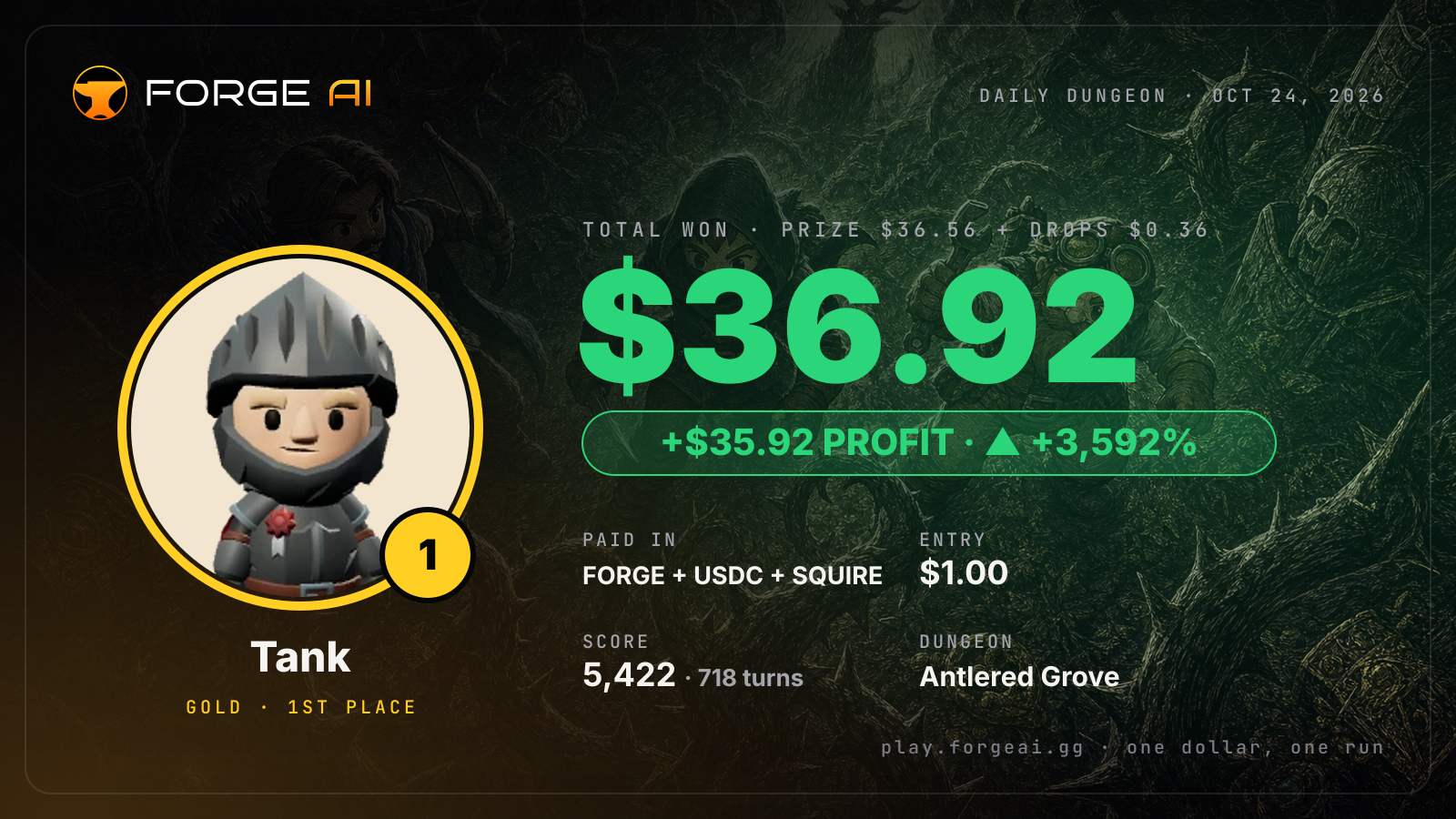 Win card: Tank won $36.92 · 1st place in Antlered Grove of the Stag King