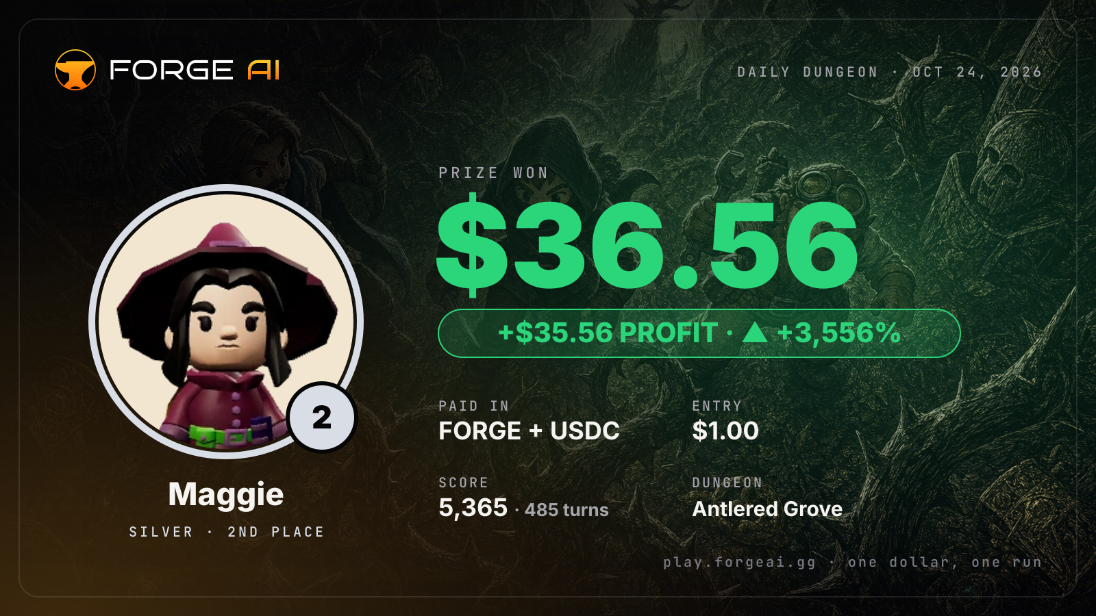 Win card: Maggie won $36.56 · 2nd place in Antlered Grove of the Stag King