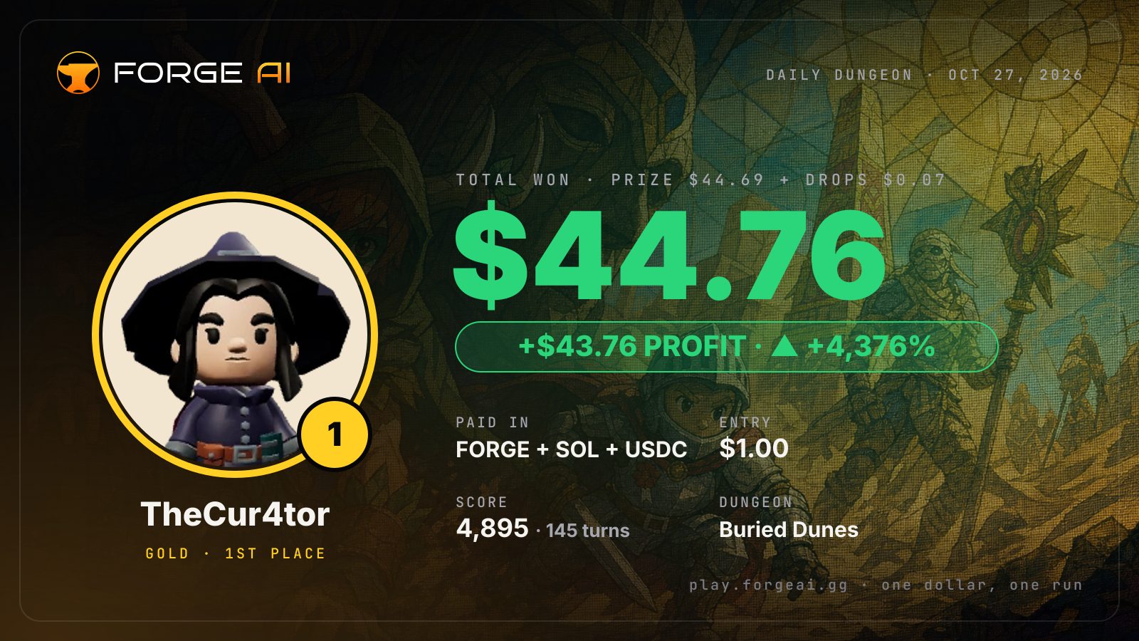 Win card: TheCur4tor won $44.76 · 1st place in Buried Dunes of Khar's Long Sleep